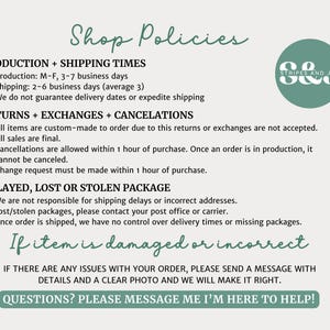 May include: A shop policy information graphic with a sage green circular logo containing the text S&J Stripes and Joy. The document outlines production, shipping, returns, exchanges, cancellations, and lost package policies in black text on a light background.