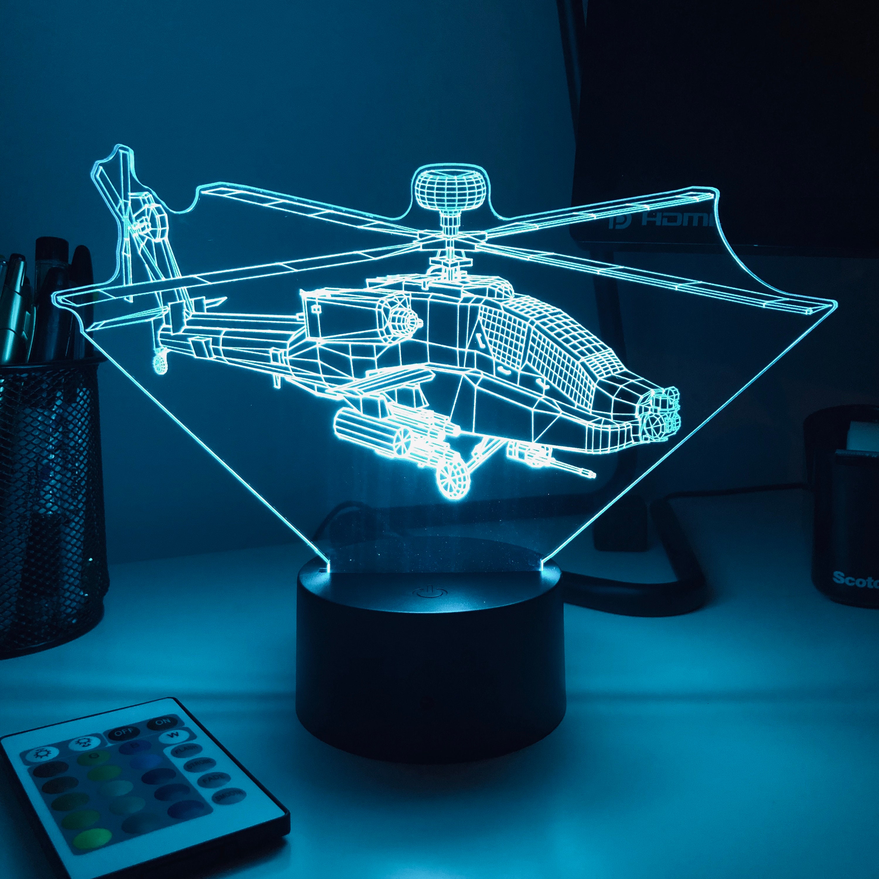 With Remote 3D Optical Illusion Lamp AH-64 Apache Helicopter 