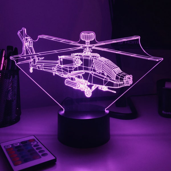 Military AH-64 Apache Helicopter - 3D Optical Illusion Lamp