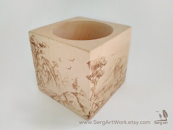 Desk Tidy Wood Art Cube Mountain Themed Table Decoration Pot Etsy