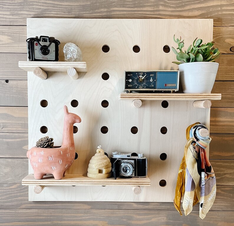 Modern Wooden Pegboard Wall Shelf Peg Board Organizer Peg Etsy