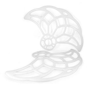 May include: Two white plastic bike wheel spoke protectors. The protectors are shaped like a crescent moon and have a lattice design.