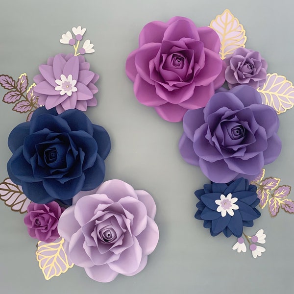 Purple Navy Lavender Paper Flowers, Magenta paper flowers, purple nursery decor, Purple navy set of paper flowers for wall decor kids room