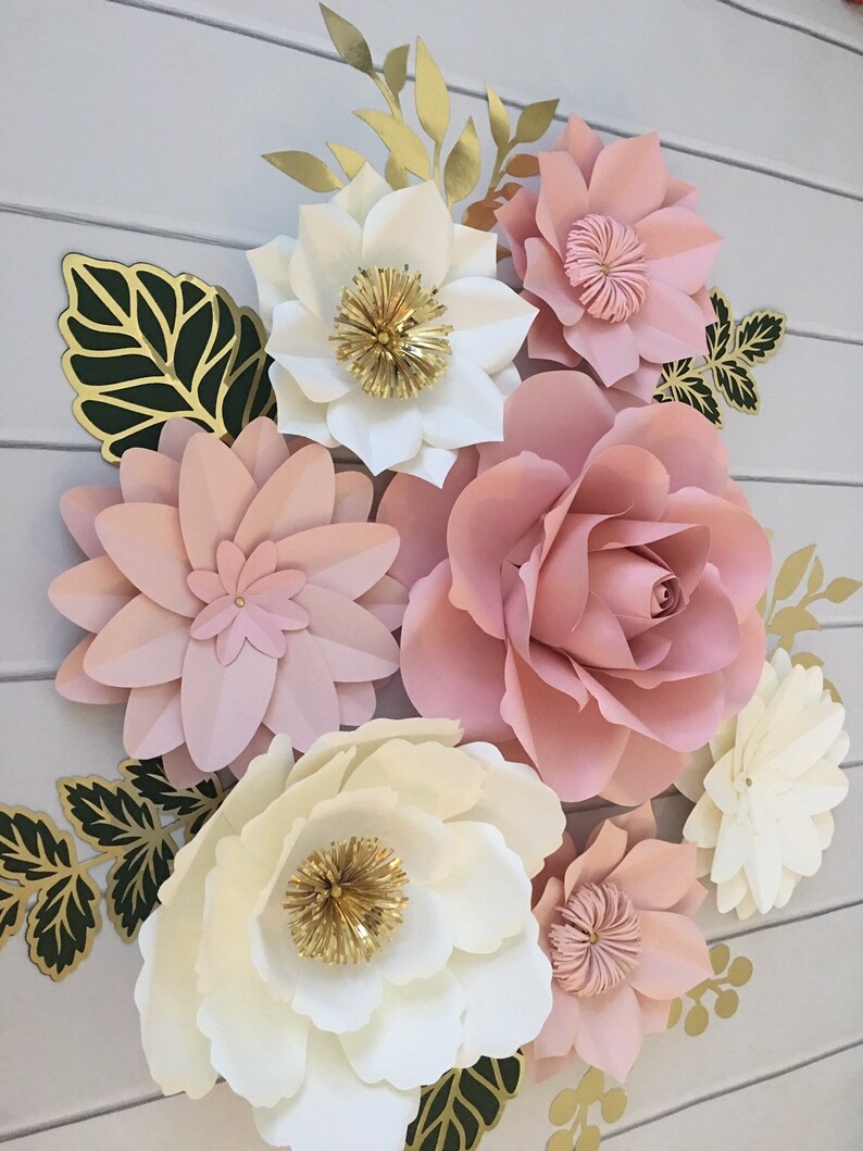 Paper Flowers Wall Decor Blush Pink Paper Flowers Green Etsy