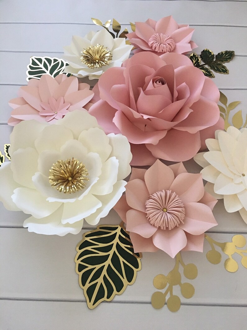 Paper Flowers Wall Decor Blush Pink Paper Flowers Green Etsy