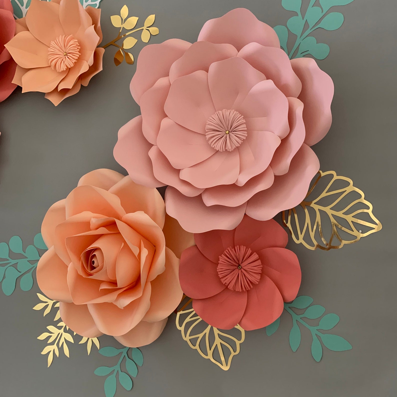 Paper Flowers Wall Decor Coral Paper Flowers Set With Green Etsy