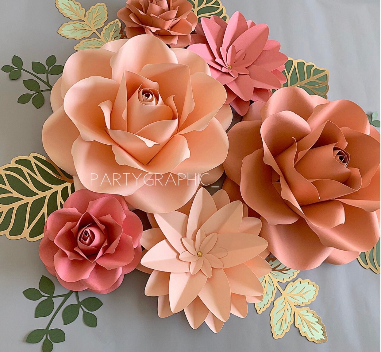 Paper Flowers Wall Decor Coral Paper Flowers Set With Green Etsy Canada