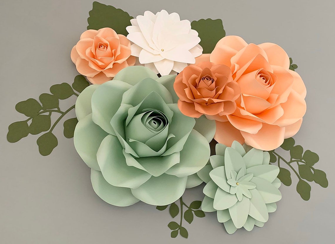 Paper Flowers Wall Decor Coral Paper Flowers Set With Green Etsy