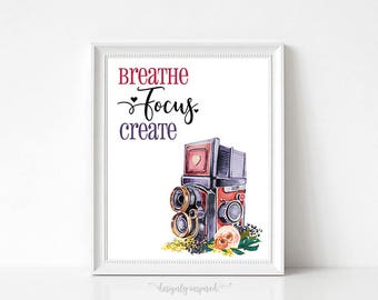 Vintage Camera Word Art Print - Breathe, Focus, Create