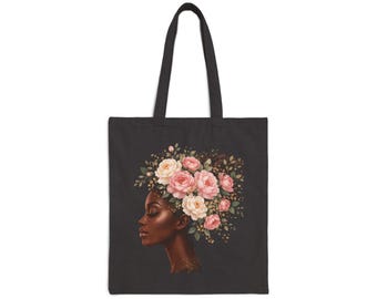 Floral Afro Profile Tote Bag | Black Woman Silhouette, Pink Roses