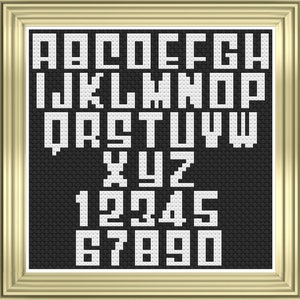 Könnte beinhalten: Ein schwarzes und weißes Kreuzstichmuster mit Alphabet und Zahlen. Die Buchstaben und Zahlen sind in einer Pixel-Schriftart.