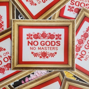 No Gods No Masters cross stitch style 3 inch high quality vinyl sticker decal
