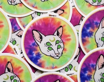 Trippy alien moon 4 eyed cat tie dye colorful embroidery hoop cross stitch needlepoint quality vinyl sticker decal
