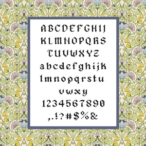 May include: A vintage-style alphabet and number font with a floral background. The font is black and the background is a light green with yellow and pink flowers.
