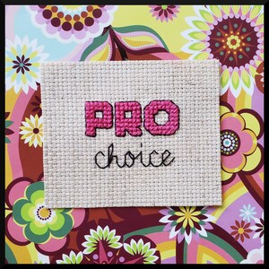 Könnte beinhalten: Ein weißer Stoff mit rosa gestickten Buchstaben, die "PRO" buchstabieren, und schwarzen gestickten Buchstaben, die "choice" buchstabieren. Der Stoff ist von einem bunten Blumenmuster umgeben.
