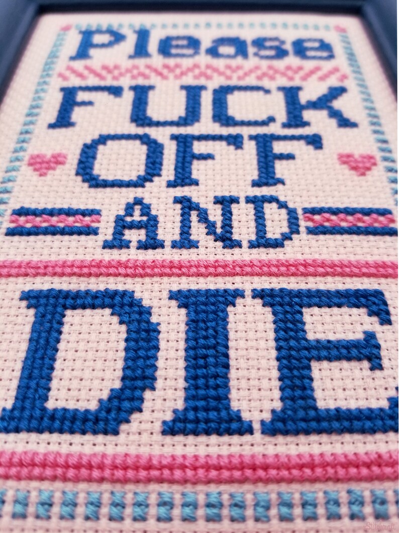 Framed ready to ship please fuck off and die cross stitch