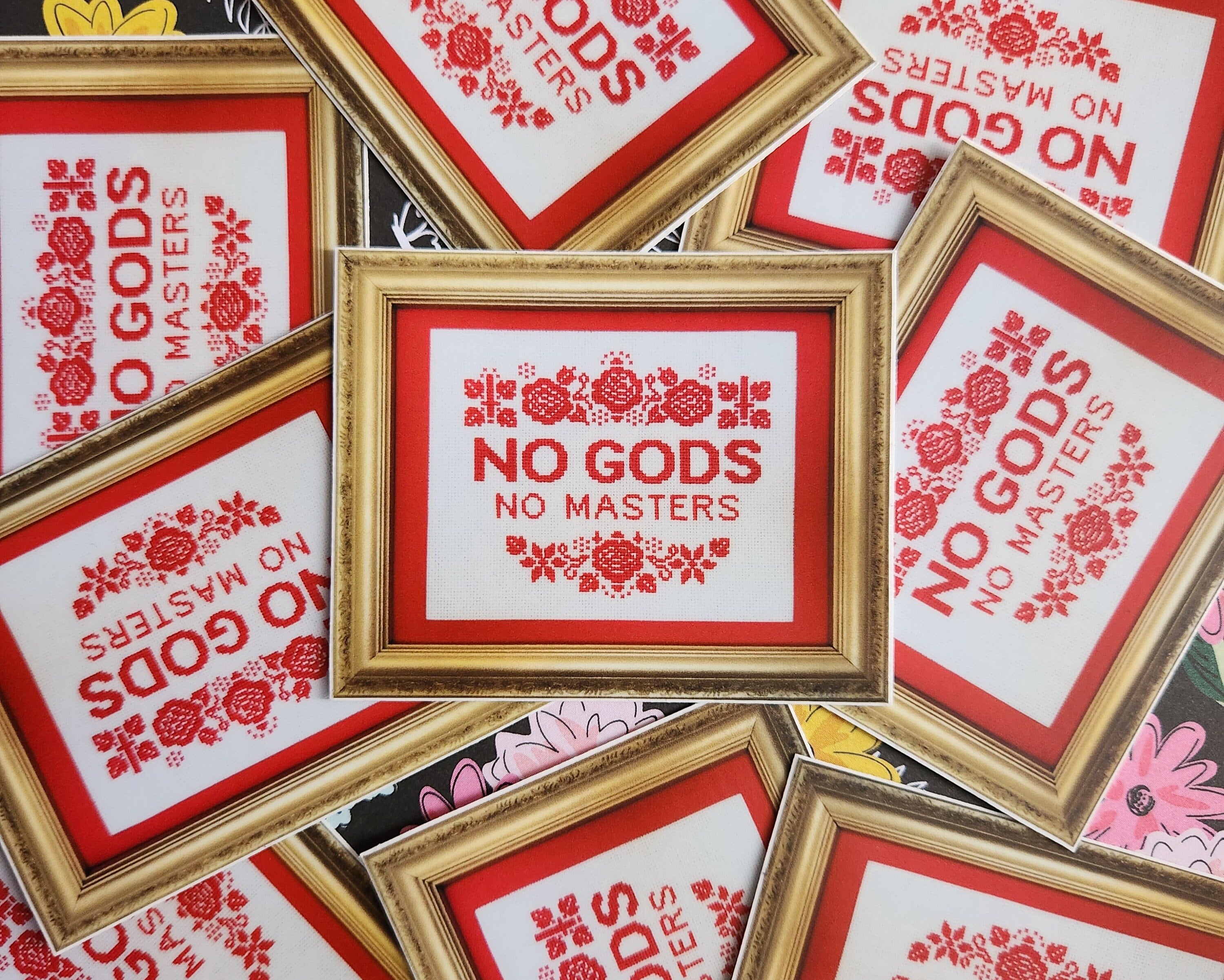 No Gods No Masters cross stitch style 3 inch high quality vinyl sticker decal