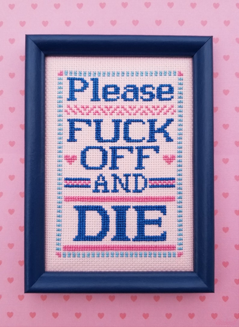Framed ready to ship please fuck off and die cross stitch