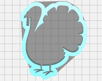May include: A light blue turkey silhouette cookie cutter. The cutter is shaped like a turkey with a large fan-shaped tail and a small head.