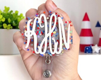 4th of July Monogram Badge Reel | Patriotic Badge Reel | Summer Badge Reel | Teacher Badge Reel | Nurse Badge Reel | Star Badge Reel Gift