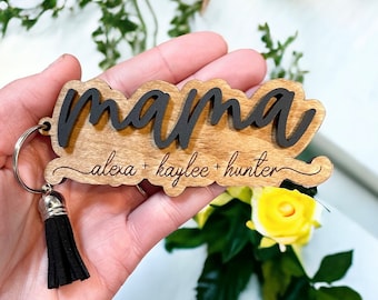 Mother's Day Personalized Keychain with Kids Names | Mother's Day Gift | Custom Wooden and Acrylic Mama Keychain