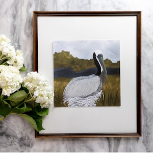 Gold Louisiana Brown Pelican Original Art Print | Fine Art Giclee Prints | Elegant Marsh Scene Print | Modern Traditional Original Paintings