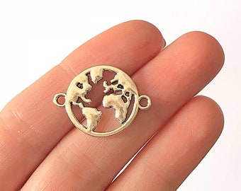BULK 50 World map connector charms antique silver tone WT272