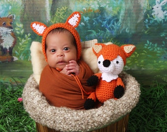 Newborn photo outfit Newborn fox hat Newborn photo prop Newborn crochet fox hat and toy Newborn crochet set Newborn crochet photo prop