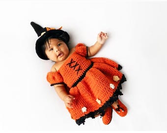 Crochet Witch Halloween Costume: Baby Girl Dress, Hat & Shoes (0-3 Months)