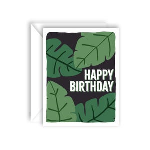 Tarjeta de feliz cumpleaños para amantes de las plantas con monstera y espacio interior en blanco