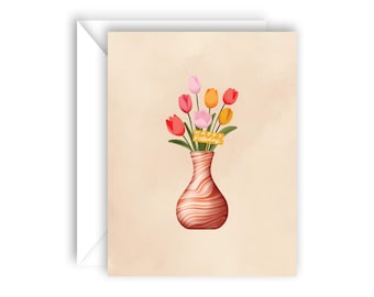 Tarjeta de feliz cumpleaños con ramo de tulipanes para ella con interior en blanco