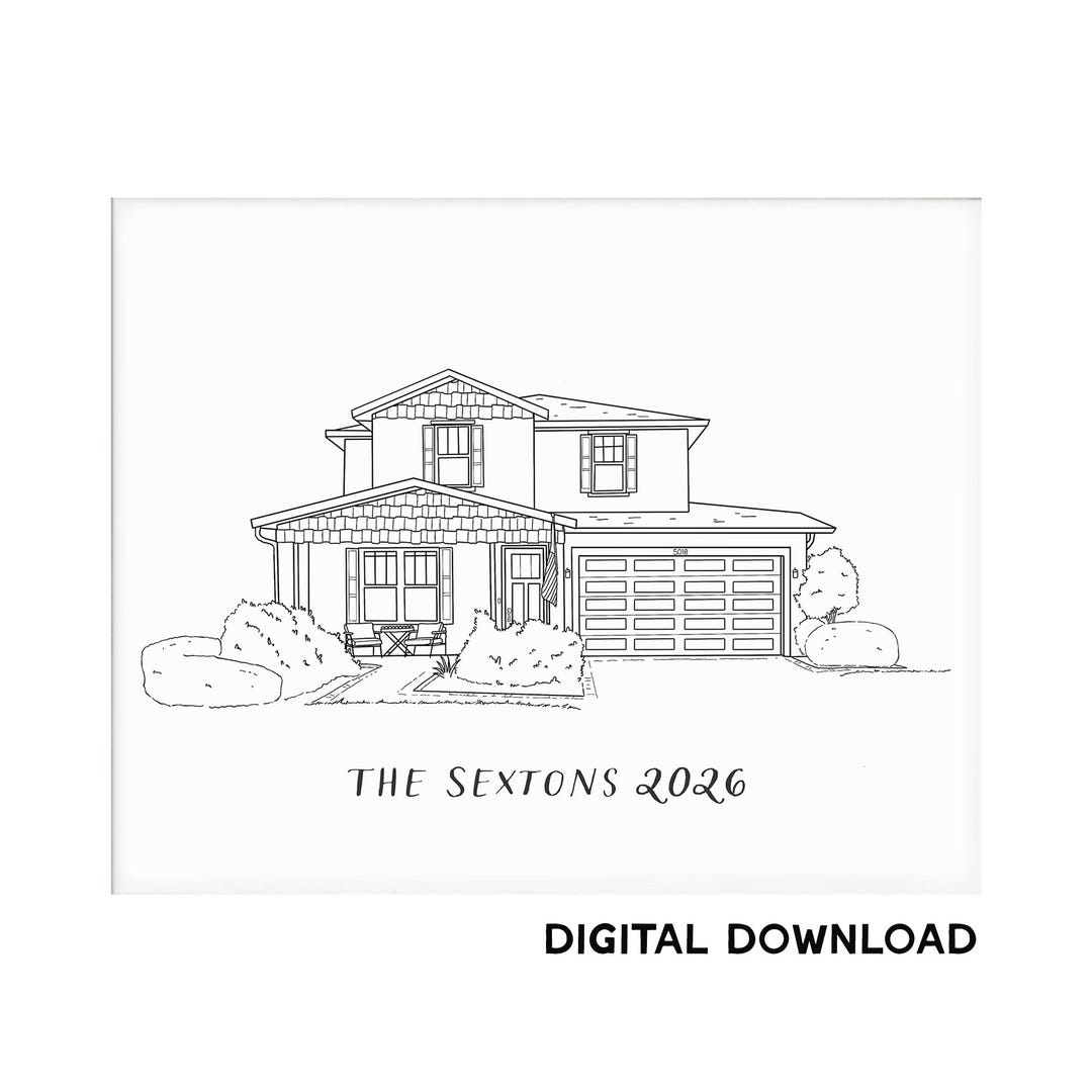 Custom Home Portrait: Black and White Digital Illustration (digital ...