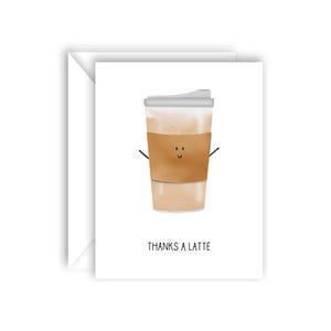 Bonita y divertida tarjeta de agradecimiento para amantes del café con interior en blanco