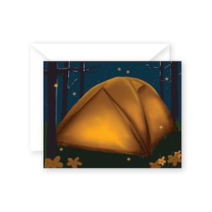 Carte de fête prénatale sur le thème du camping pour les nouveaux parents avec découpe et message à l'intérieur