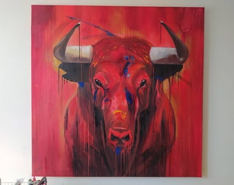 Huile originale de peinture de taureau rouge sur la toile résumée carré grande