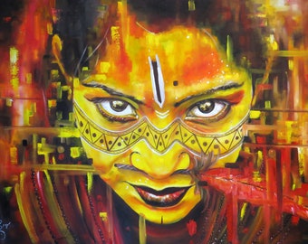 Kleurrijk schilderij van inheemse vrouwen, figuratieve hedendaagse kunst