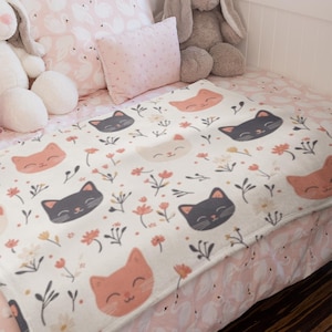 Fleece Blanket, Happy Cats and Flowers Design, Nursery Decor, Baby Shower Gift, Cozy Baby Blanket, Kids Room Decor
