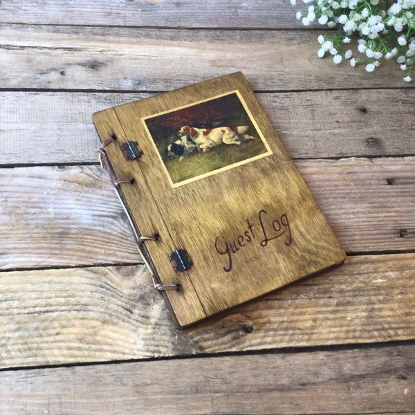 Vintage Guest Log, Guest Book, Wood, Burned Lettering, Visitors, Housewarming, Cottage Book, Handmade, Leather Binding, Dogs, Mid Century