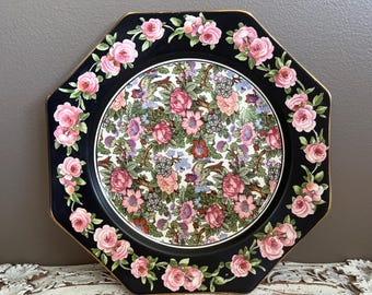 Vintage Crown Ducal Roseland Chintz Octagonal Lunch Plate  | Art Deco 1930s Black & Pink Rose Border with Exotic Birds | English Fine China