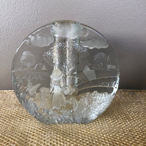 Vintage Glass Solifleur Vase by Walther Glas, Block Vase, Germany, Propagation Vase, Frosted Glass, Girls in Countryside Scene, Clear