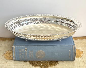 Vintage WMF Ikora Silver Plated Oval Bowl, Reticulated Filigree Lace Edge Vanity Tray, Mid Century German Silver Footed Centerpiece