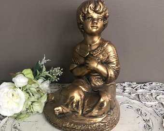 Vintage Gold Sculpture, Plaster, Sitting Child, Girl, Hollywood Regency, Victorian Decor