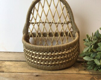 Vintage Wall Hanging Basket / Tabletop Basket Planter / Rattan Wicker Boho Style
