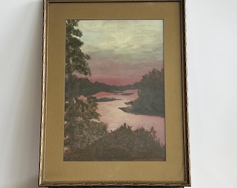 Framed Vintage Oil Landscape Painting c. 1930, Granville Arts Vancouver Provenance, Moody Twilight River Scene, Original Canadian Art
