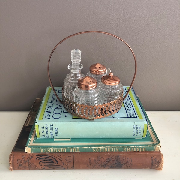 Vintage Cruet / Condiment Set, Copper and Glass, Farmhouse Kitchen, Serving-ware, French Country