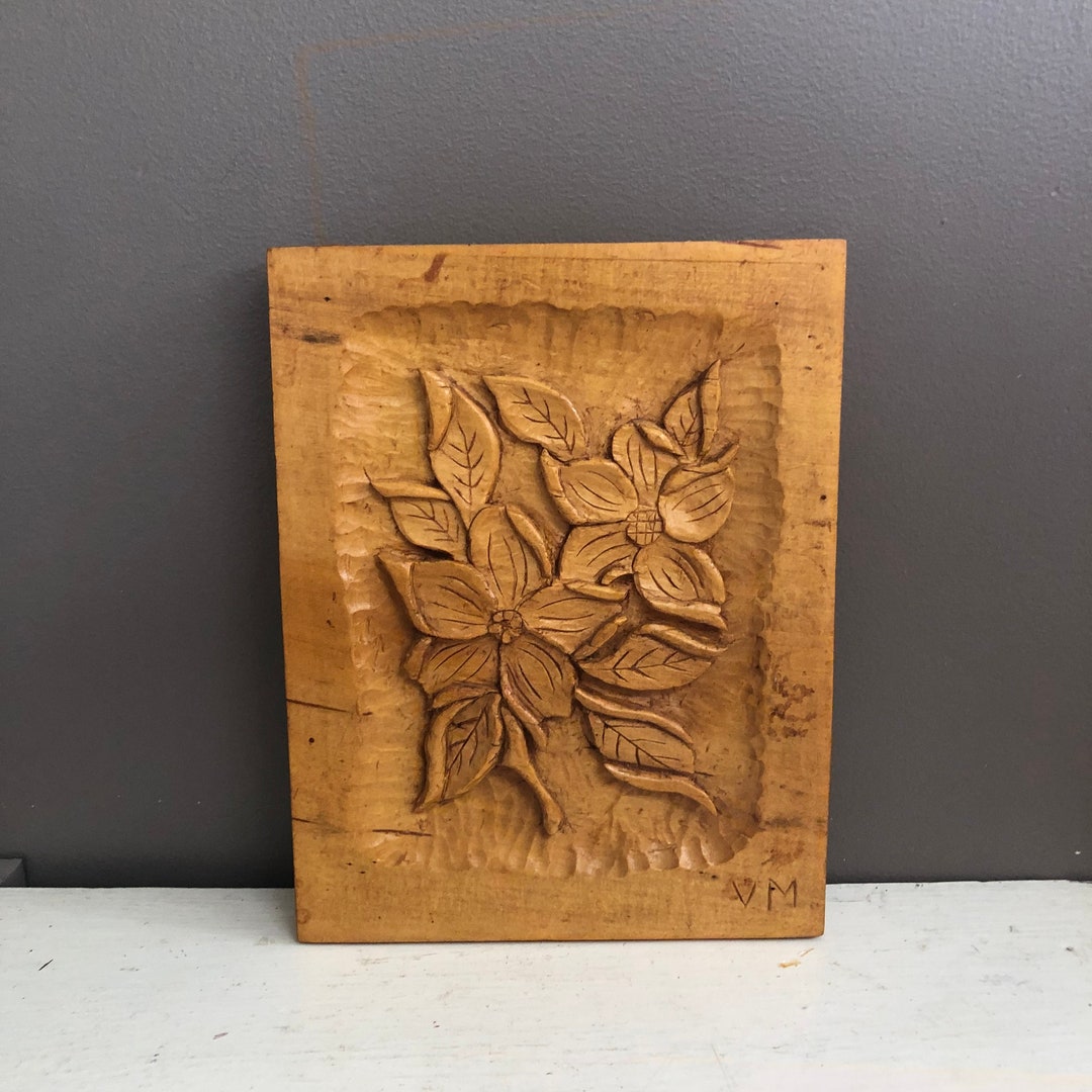 Vintage Hand Carved Wood Wall Hanging, Flowers, Still Life, Relief