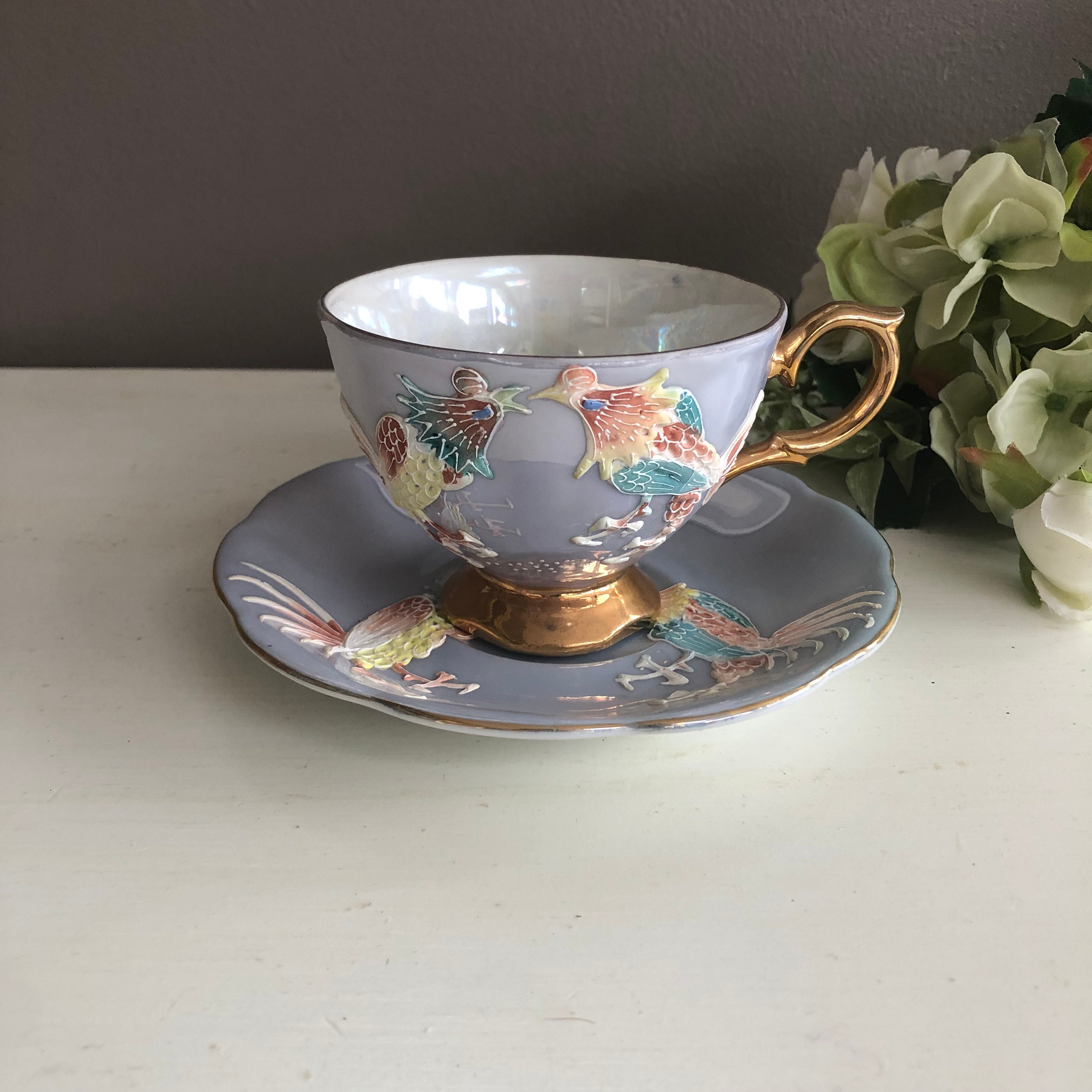 Vintage Shafford Japan Moriage Rooster Teacup and Saucer, Grey