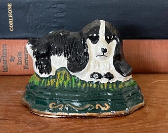 Vintage Cast Iron Spaniel Dog Doorstop, Black and White, Rustic Country Farmhouse Home Decor Figurine, Dog Lover Gift