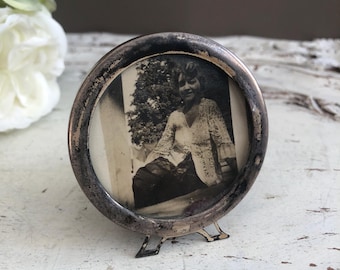 Antique Sterling Silver Photo Frame, Round, Miniature, Standing, Photograph
