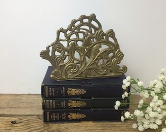 Brass Letter Holder, Vintage Napkin Holder, Ornate Filigree, Hollywood Regency Style, Office Kitchen Decor